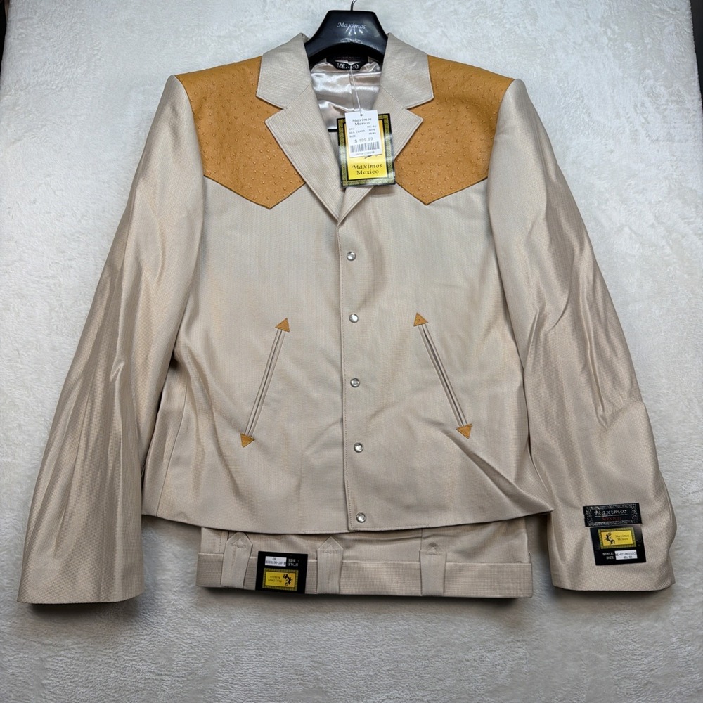 Vintage Western Cowboy Suit Pearl Snap Rodeo Rockabilly Stage Tan 48x40